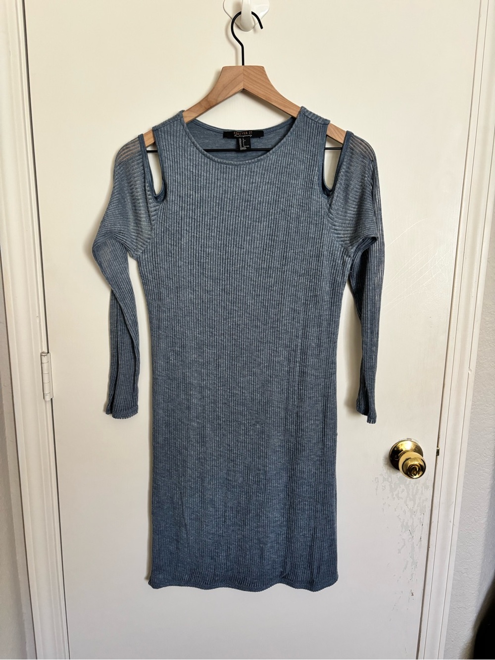 Forever 21 Blue Ribbed Cold-Shoulder Long Sleeve Dress